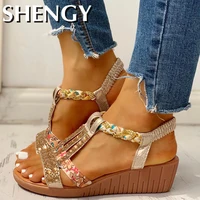 shengy 2020 dropship gladiator wedge heels elastic band crystals summer women shoes woman sandals leisure beach sandals
