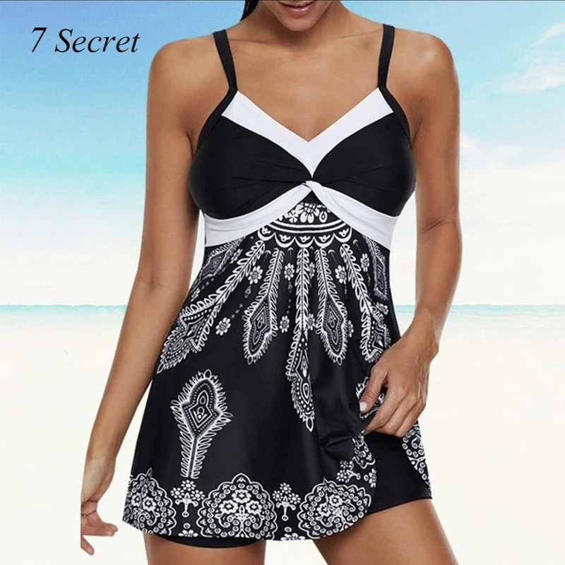 

Swimsuit 2 Pieces Women Plus Size Bathing Suit Cover Stomach Printed Swimwear 2021 Swim Skirt Summer Beach Wear Tankinis Set
