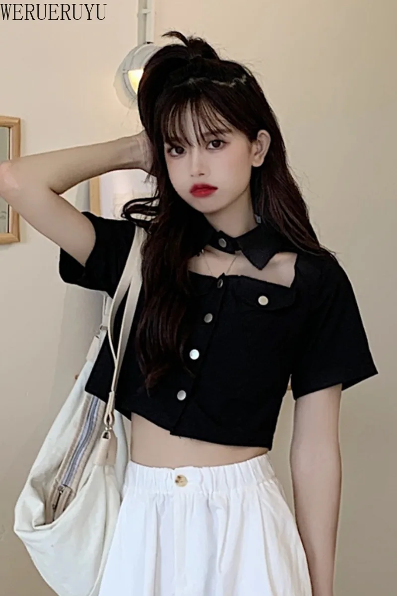 

WERUERUYU Short Sleeves Blouse Shirts Women 2020 Summer Solid Tops Hollow Out Loose Pullover