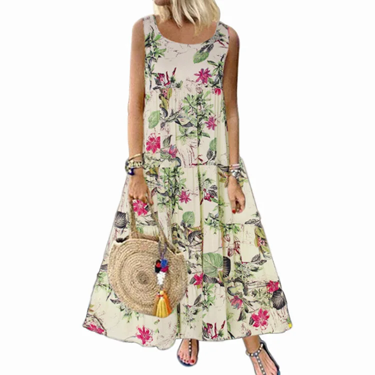 

Women Dresses Summer 2021 Sexy O Neck Floral Print Boho Beach Dress Loose Ruffle Sleeveless A Line Long Dress Wrap Sundress Robe