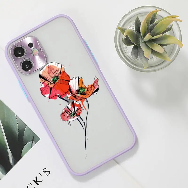 

Watercolor flowers gold leaves Phone Case For iPhone 12 11 Mini Pro XR XS Max 7 8 Plus X Matte transparent Purple Back Cover