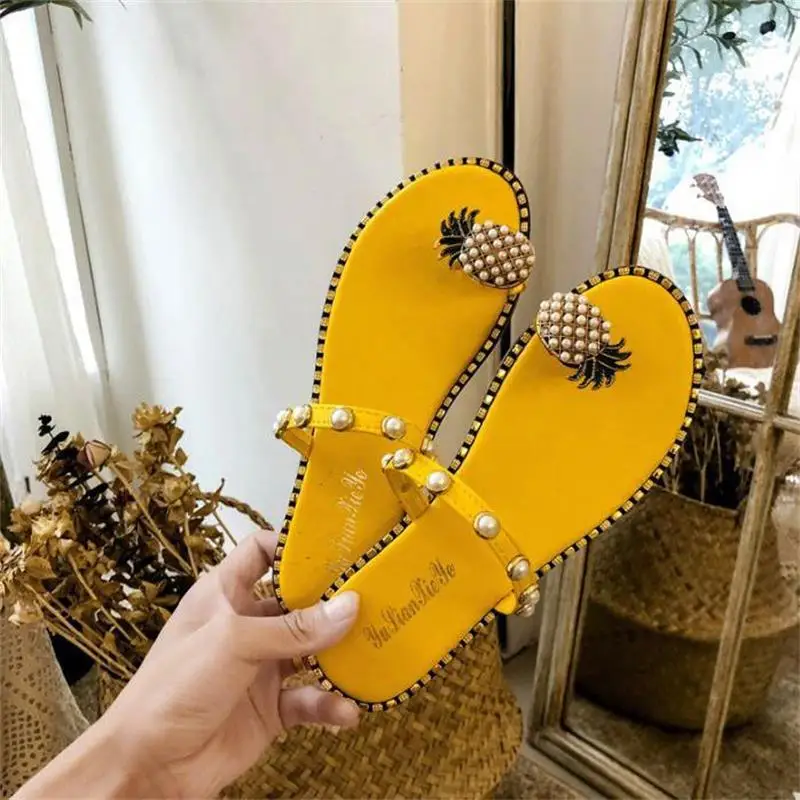 Yellow pearl Лидер продаж года; летние женские сандалии на плоской подошве; сандалии в богемном стиле с круглым носком и Ananas; обувь на плоской подошве; шлепанцы для отдыха на открытом воздухе; Размеры 35-40 - Цвет: Yellow pearl