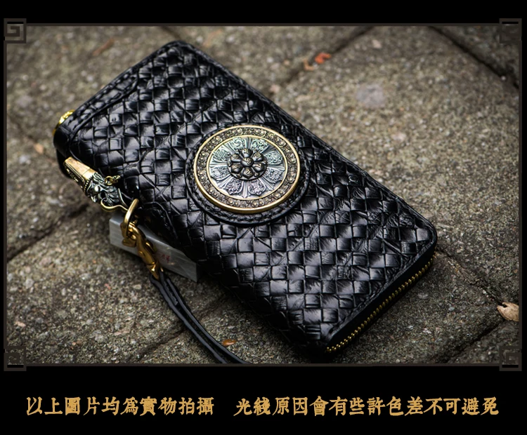 Unisex handmade wallet Crocodile leather woven long zipper bag Vintage Chinese style leather vertical wallet