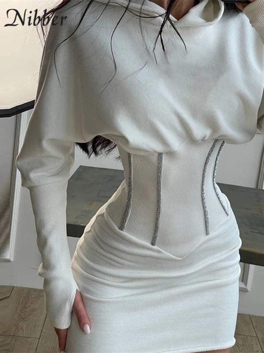 Модное повседневное однотонное мини-платье Nibber с капюшоном уличный стиль для