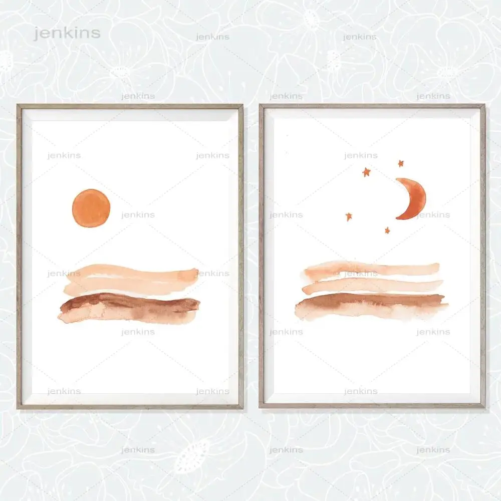 

Boho Posters and Prints Minimalist Watercolor Sun and Moon Landscape Nordic Wall Pictures Painting for Living Room Decoration