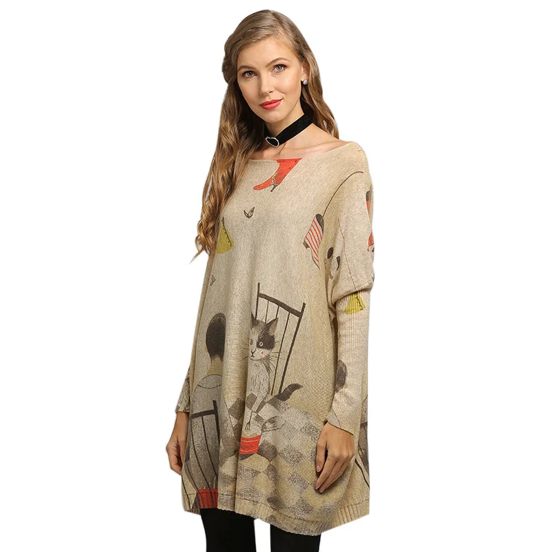

Autumn Women's Ugly Sweater Casual Pullovercartoon Loose Print T-shirt Bat Sleeve Basic Ladies Pullover Sweater