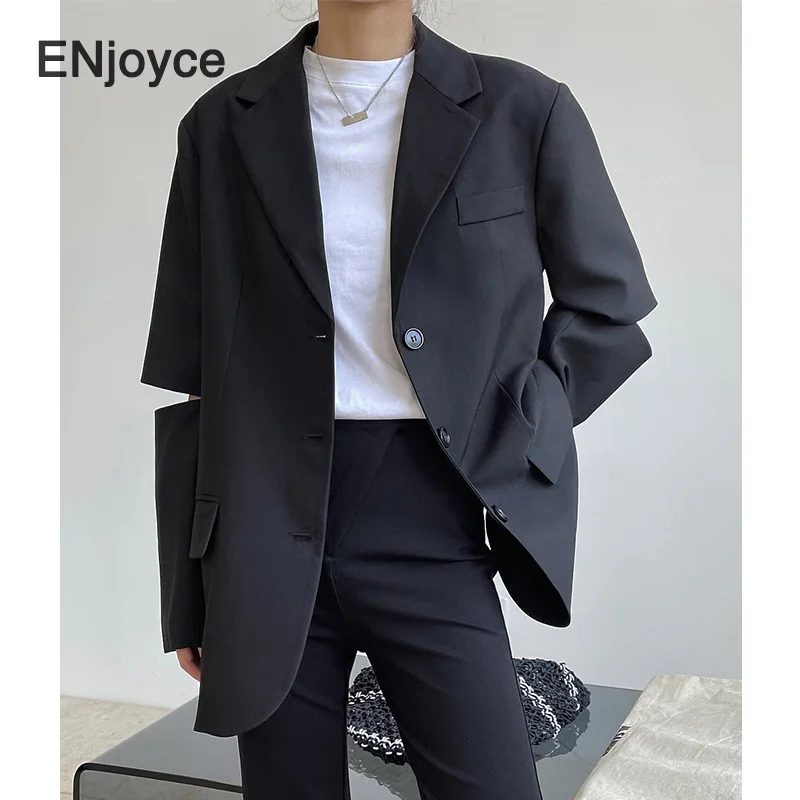 Women Trendy Split Sleeves Lapel Blazer Spring Fall Korean Style Retro Single Breasted Suit Ladies Overcoat Workwear Coat