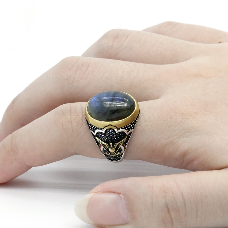 

925 Sterling Silver Men Ring Oval Natural Moonstone Stone High Quality Punk Style Jewelry Finger Ring Eagle Fashion Size8-13