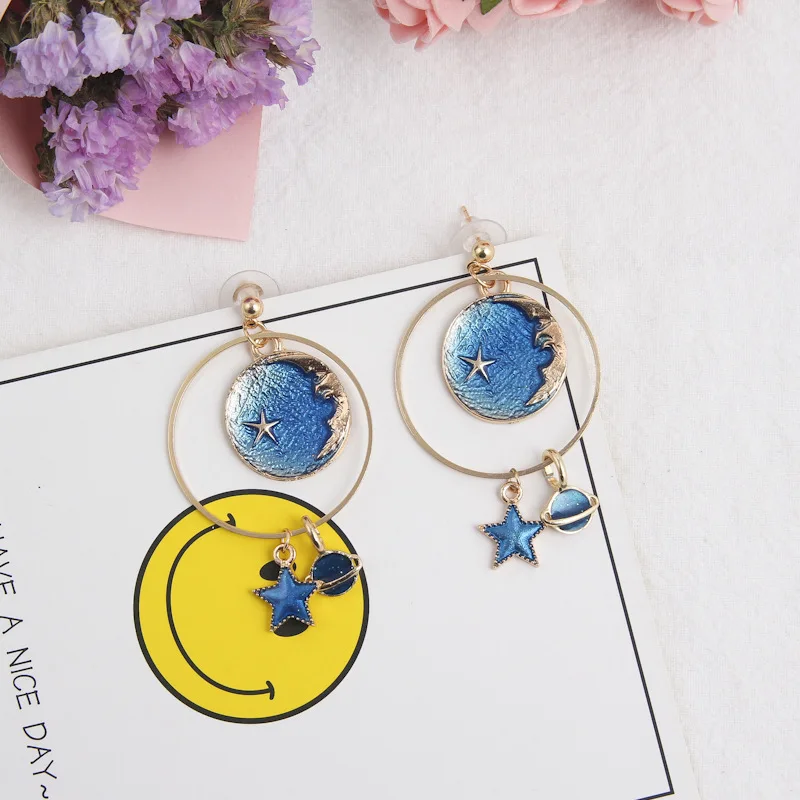 Модные Длинные асимметричные серьги женские металлические круглые со звездой