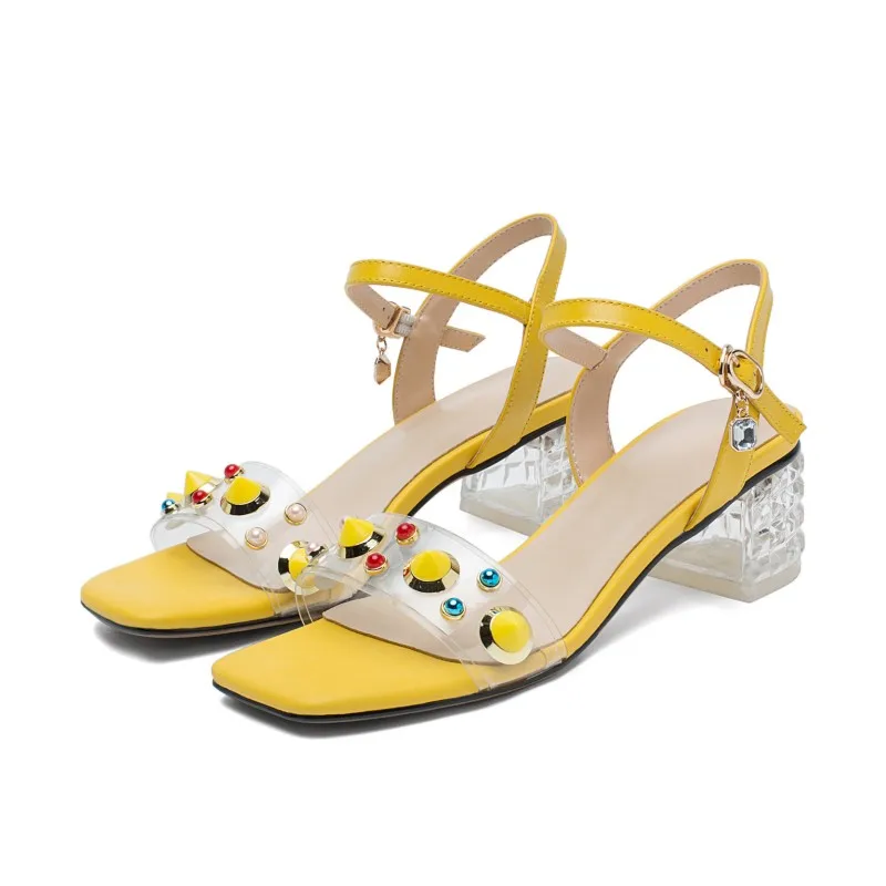 Женские босоножки на высоком каблуке летние с разноцветными вставками большие