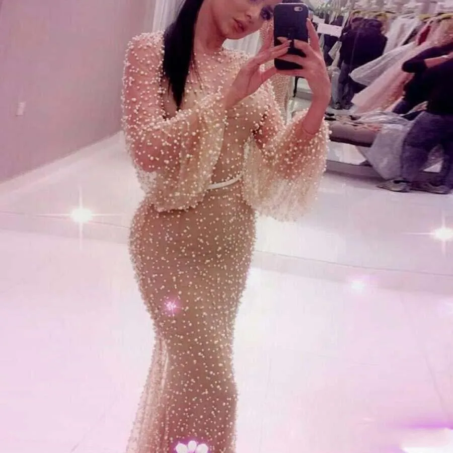 

Real Pictures Luxury Heavy Pearls Prom Dress Abiti Da Cerimonia Sera Formal Long Sleeves High Quality Mermaid Evening Dresses