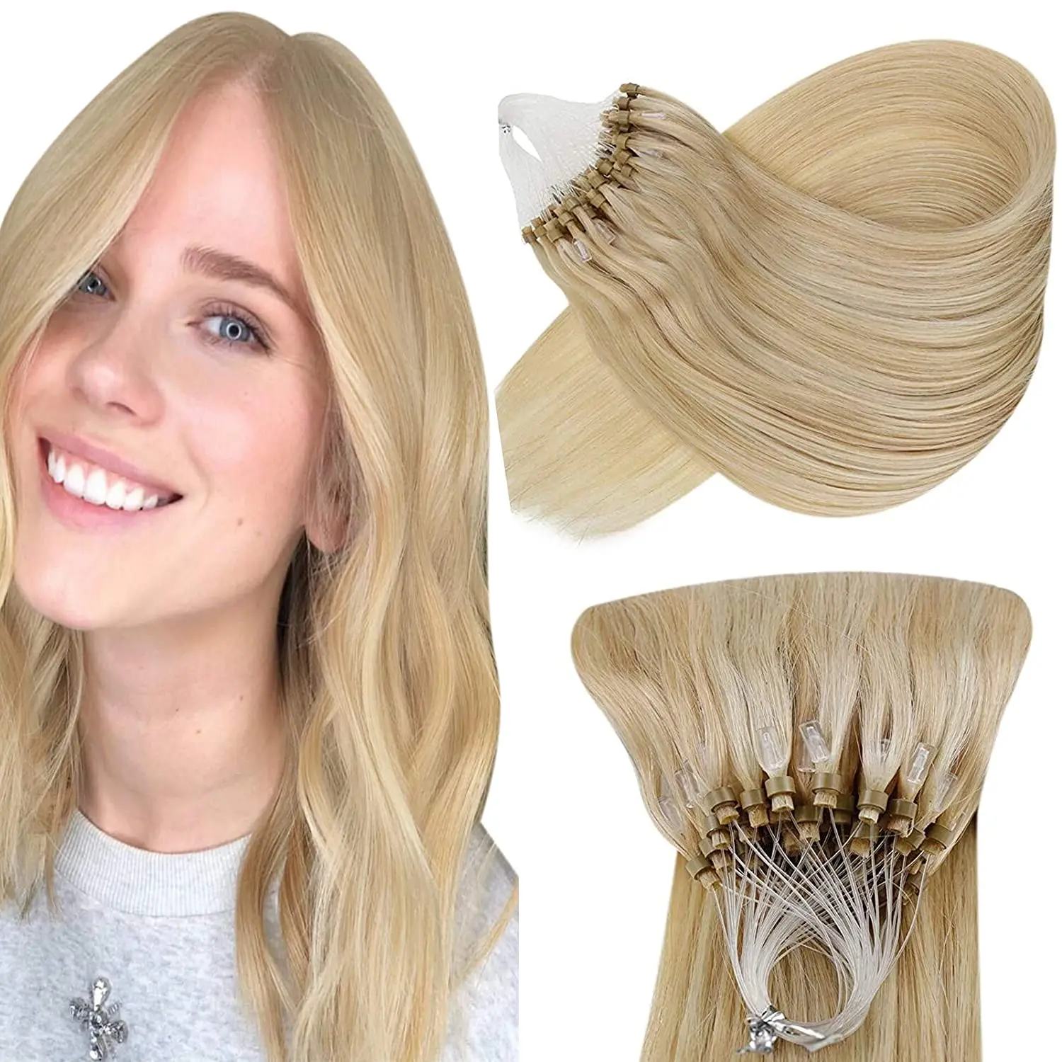 

VeSunny Blonde Micro Ring Hair Extensions Real Human Hair Cold Fusion Micro Beads Hair Extensions Silky Straight 50g/50s