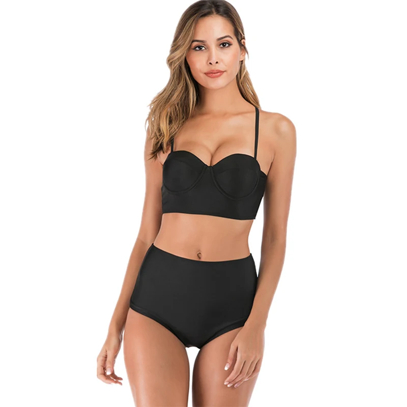 

Новинка, однотонное черное бикини, женский купальник, купальный костюм с пуш-ап, S-2XL, для девушек, высокая талия, открытая спина, купальник, фи...