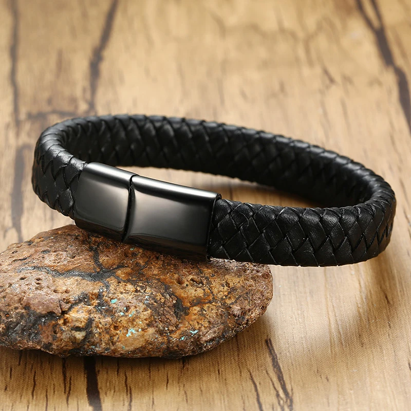 Vnox Men's Stylish Black/Brown Braided Leather Bracelet Stainless Steel Clasp Punk Bangles 19/21cm | Украшения и аксессуары