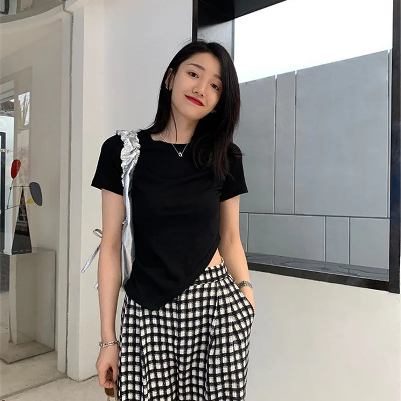 

Irregular Crop Top T Shirt Women 2021 Summer New Solid Color Korean Style Tops Bareback Slim Women's Black Cotton T-Shirt Design