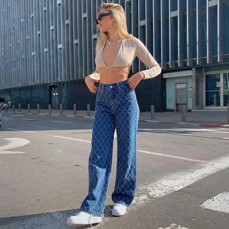 

Women Vintage Jeans Close-Fitting Pants for Spring Fall Rhomboid Pattern High Waist Trousers Cowboy Long Trousers Streetwear