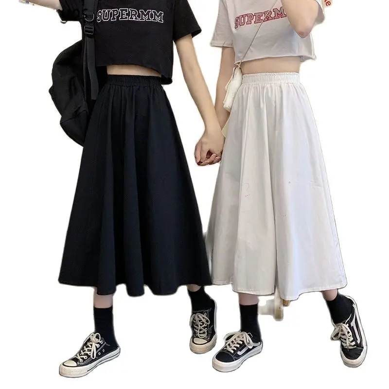 

Skirts Women Simple Solid Leisure Loose Plus Size 3XL Long Skirt Korean Style Elastic-Weight A-line Student Streetwear Trendy BF