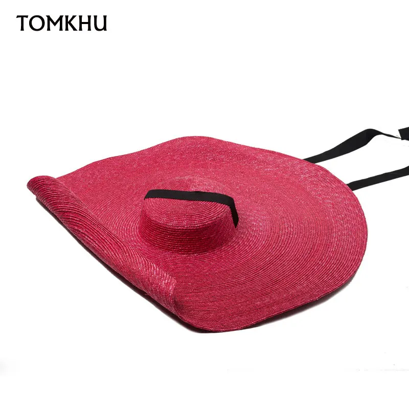 European American Fashion Catwalk Custom Oversized Big Brim Straw Hat Flat Top Strap Sun Hat Outdoor Beach Casual Hats For Women