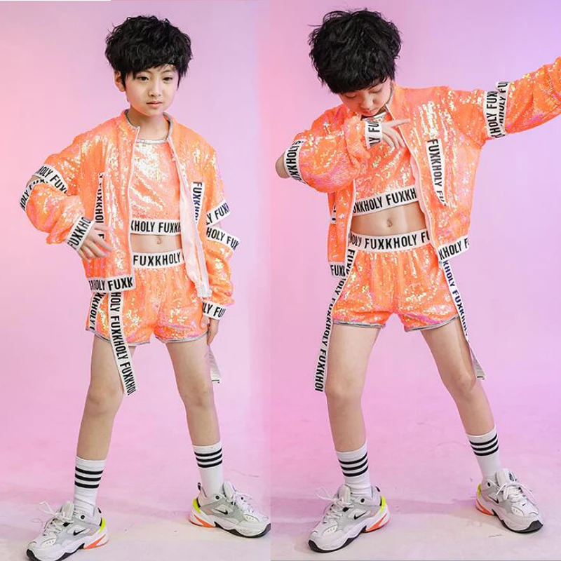Детская танцевальная одежда с блестками в стиле хип-хоп Оранжевая Куртка топ