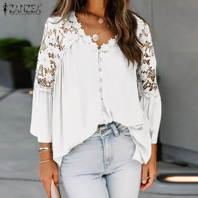 

Elegant Women Spring Blouses ZANZEA 2022 Fashion Lace Patchwork Tops Female V-Neck Long Sleeve Blusas Loose Casual Work Chemise
