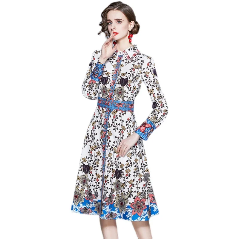 

New Elegant Vintage Fashion Women Print Slim Tunic Evening Party Dress Office Lady Long Sleeve Midi Dresses with sashes