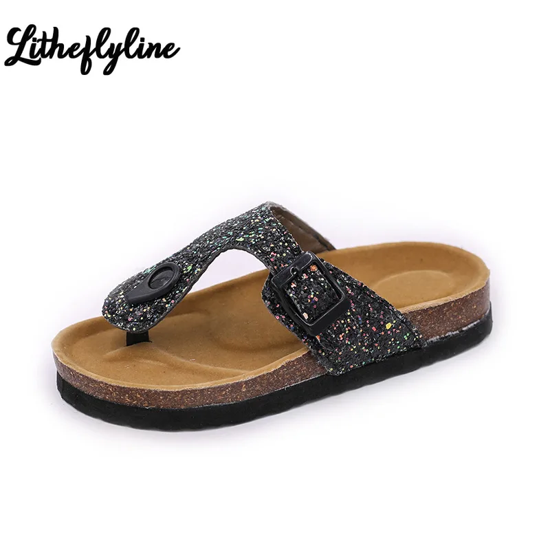 

Summer Kids Girls Slippers Comfortable Leopard Print Women Flip Flops Bling Sequins Cork Enfant Children Barefoot Beach Shoes