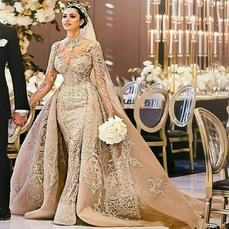 

Champagne Arabic Dubai Mermaid Wedding Dresses with Detachable Train High Neck Full Lace Applique Long Sleeve Muslim Bridal Gown