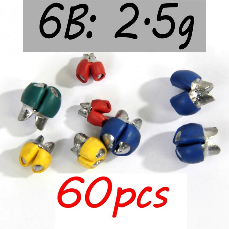 60 шт., 0,5 г, 0,8 г, 1 г, 1,5 г, 2 г, 2,5 г, многоразовые, раздельные, свинцовые, с резиновым покрытием, Сплит, s грузило, терминал, рыболовные снасти, аксессуары - Цвет: 60pcs 6B