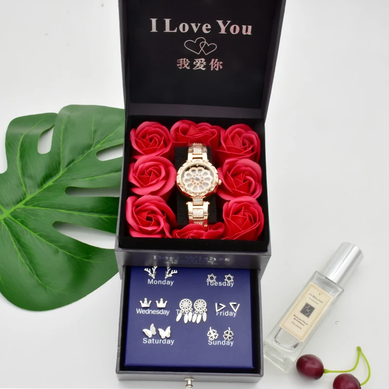 Rose gold Специальный дизайн, 360 градусов вращения, цветы, бриллиантовый циферблат, часы, женские часы, кварцевые роскошные часы из розового золота, женские подарочный набор в коробке - Цвет: Rose gold