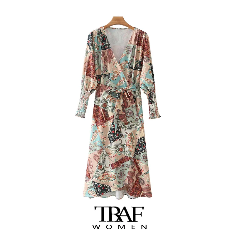 

Платье-миди женское с поясом, принтом пейсли и V-образным вырезом