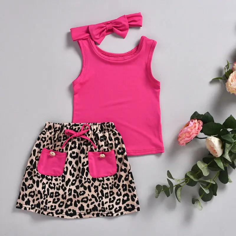 3PCS Newborn Toddler Kid Baby Girl T-Shirts Tops+ Leopard print Skirts +Headband 3pcs Sunsuit Clothes 2-6Y | Мать и ребенок