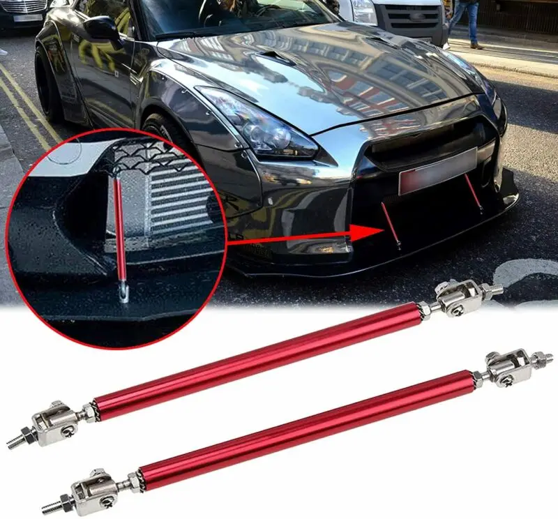 

Red Adjust Front Bumper Lip Splitter Strut Rod Tie Support Bars 8"-11" Universal