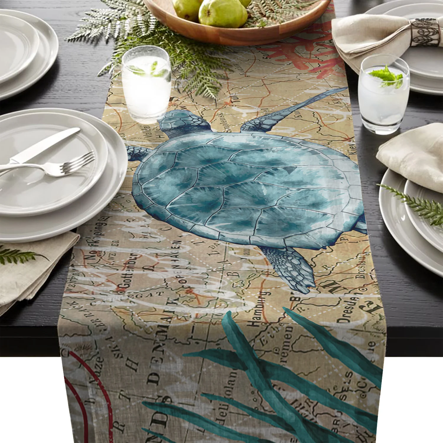 

Nautical Theme Sea Turtle Retro Map Table Runner Modern Table Mat Coaster Decoration For Home Wedding Christmas Party