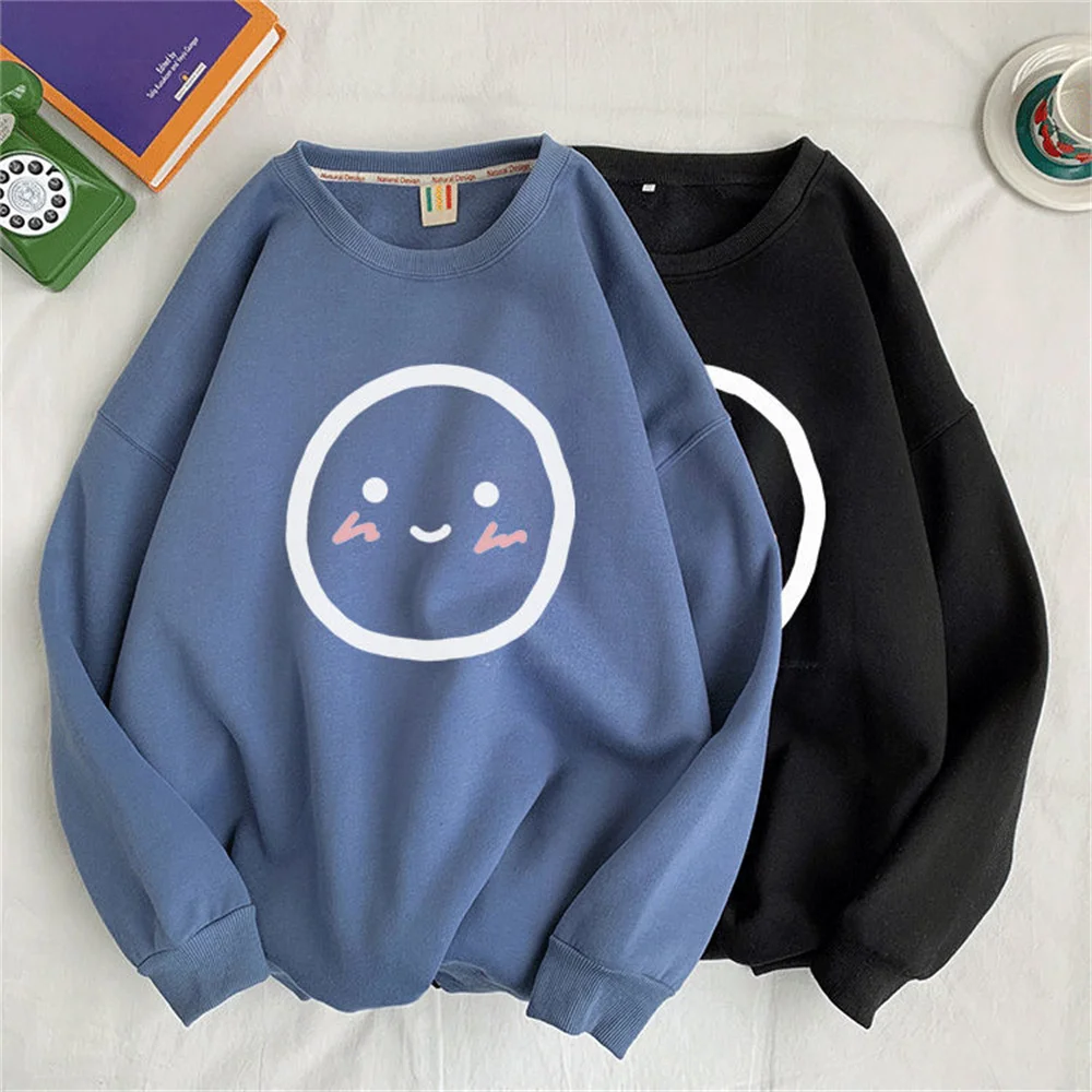 

Solid kawaii Smile Print Autumn O-Neck Long Sleeve Hoodie Korean Pullover Harajuku Loose Hoodie Streetwear Oversize Casual Tops