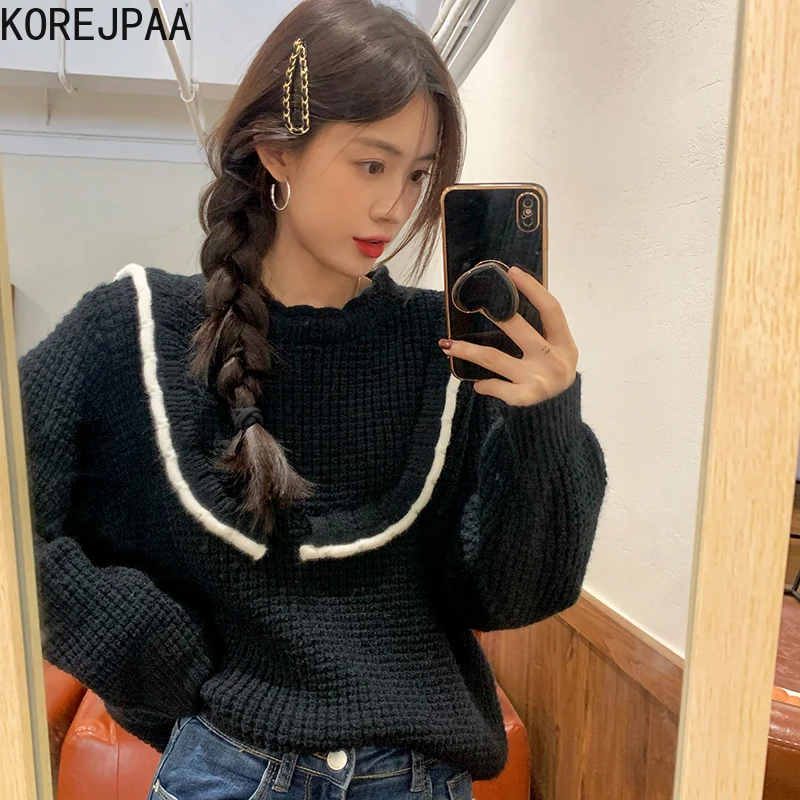 

Korejpaa Casual Patchwork Sweater Women Korea Autumn Elegant O-neck Long Sleeve Contrast Color Pullover Knitwear 2021 New
