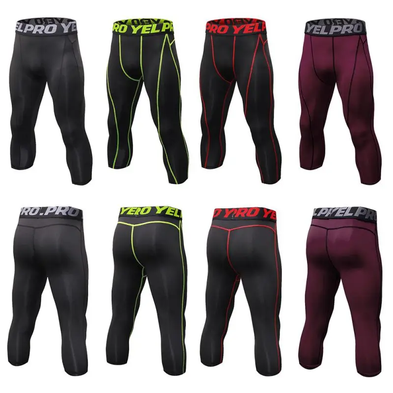 Men 3/4 Running Compression Pants Tights Sports Leggings Fitness Sportswear Long Trousers Gym Training Skinny Pants