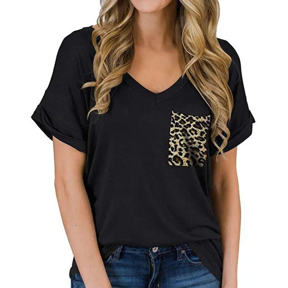 

Women Solid Color V Neck Short Sleeve Stitching Leopard Pocket Loose T-shirt