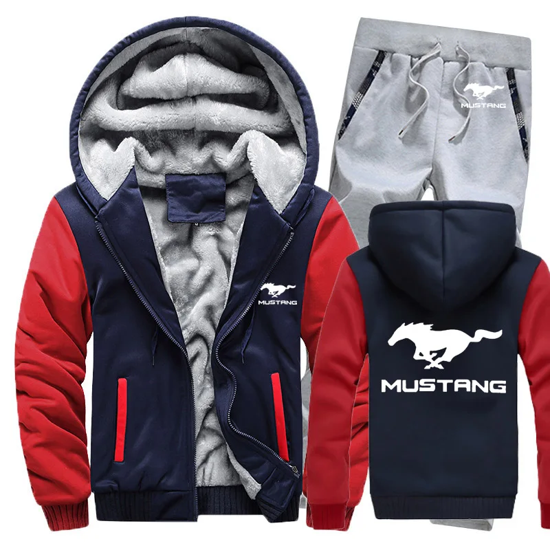 

Hoodies Men Mustang Car Logo Mens Hoodies Suit Winter Thicken Warm Fleece cotton Zipper Tracksuit Mens Jacket+Pants 2Pcs Sets