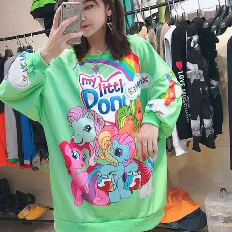 Аниме толстовки женские Kawaii девушки милые женские пуловеры, топы Свободные Мультяшные японские худи женские осенние свободные зеленые толстовки