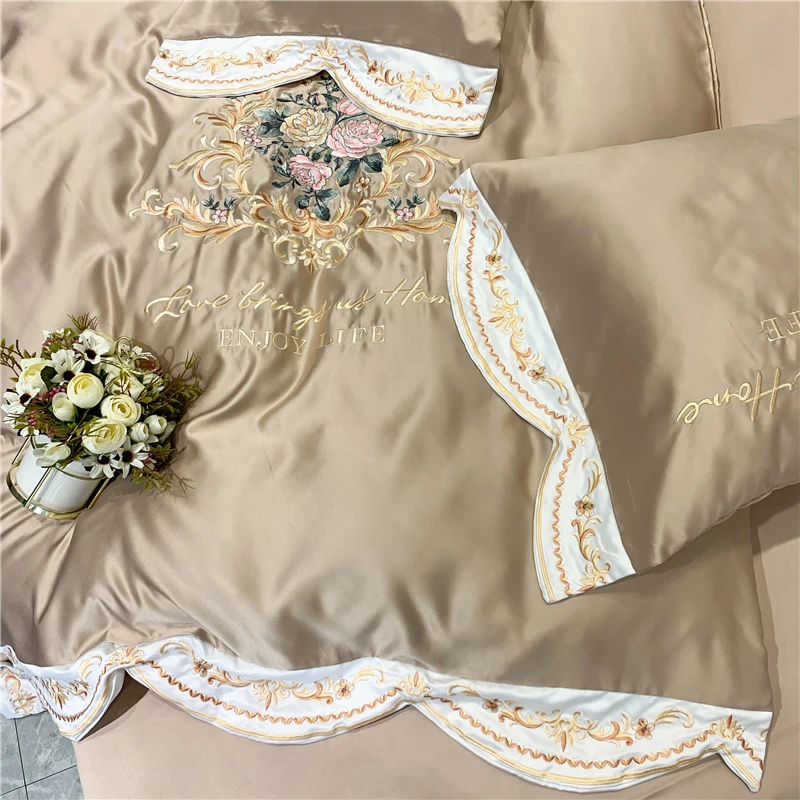 

Champagne Flowers Embroidery Soft Breathable Bedding Set Satin Washed Silk Duvet Cover Cotton Bed Linen Fitted Sheet Pillowcases