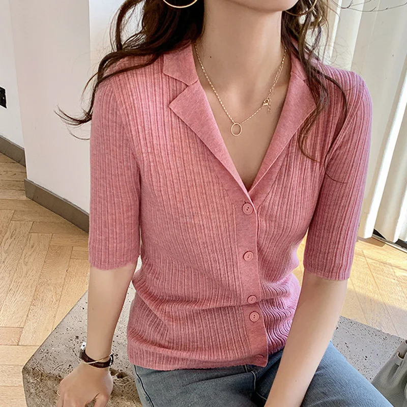 

Cardigan Women Spring Autumn Polo Collar Wool Top Half Sleeve Solid Sweaters Ladies Slim Knitted Cardigans Korean Fashion Tops