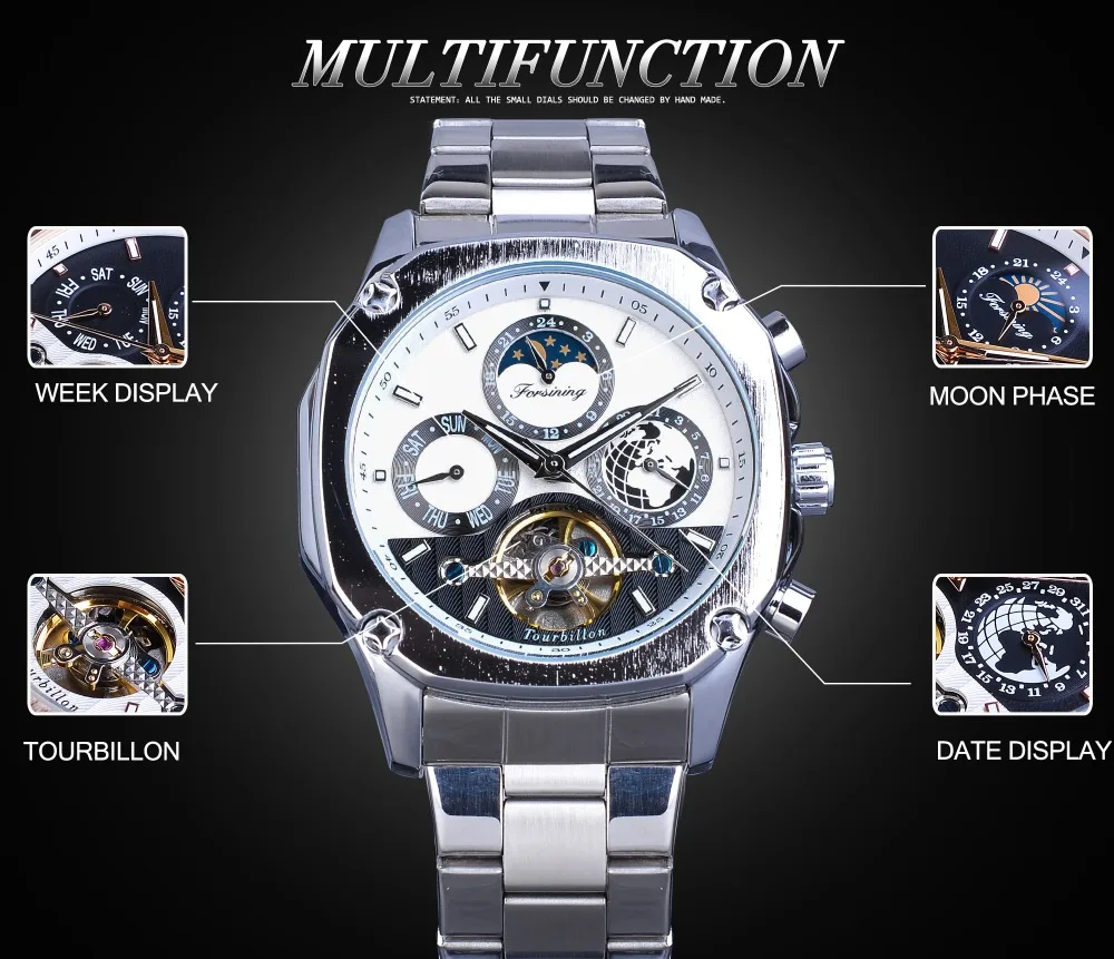 Forsining квадратные мужские механические наручные часы Tourbillon Moon Phase Calendar автоматическое Деловое платье ремни для наручных часов из нержавеющей стали