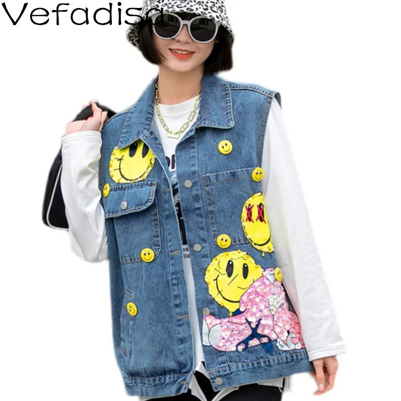 

Vefadisa Blue Smile Face Denim Vest Women 2021 Spring Autumn Sequins Denim Waistcoat Plus Size Sleeveless Denim Coat QYF5241