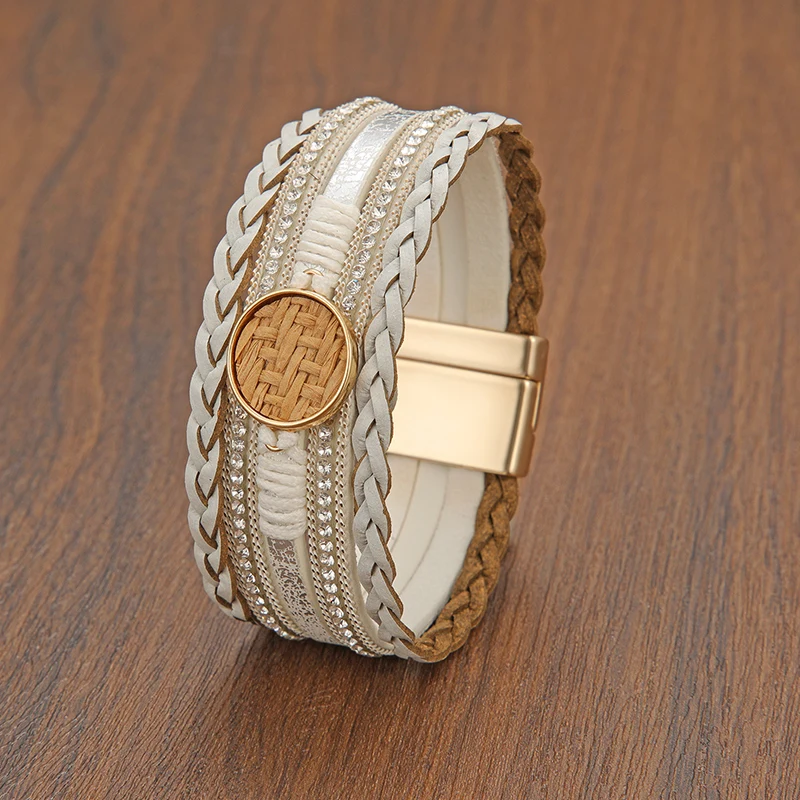 

Женский многослойный Плетеный браслет, многослойный Плетеный Кожаный браслет в богемном стиле с цепочкой и магнитной застежкой, 2021