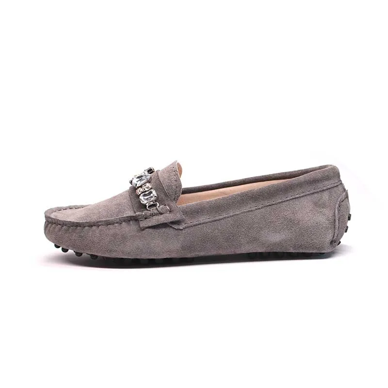 genuine cowhide leather women shoes Female Casual Fashion Flats Spring Autumn driving shoes women leather loafers - Color: Grey