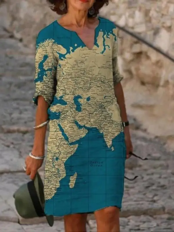 

Женская мода Свободный Повседневный цветочный принт V-образный вырез рукав карта печатная фотография