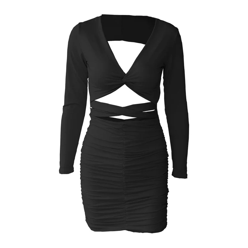 

Women Sexy Bodycon Slim Party Dress Deep V Neck Long Sleeve Solid Color Cut Out Ruched Mini Dresses