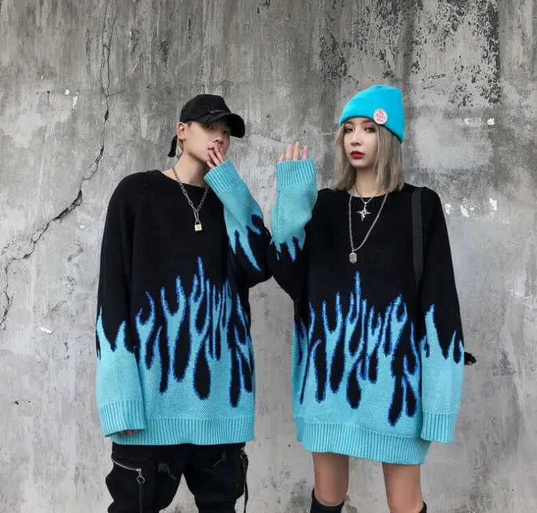 

Корейский Свободный вязаный пуловер с принтом пламени для мужчин и женщин, уличная одежда в стиле хип-хоп, пуловер с круглым вырезом, свитер