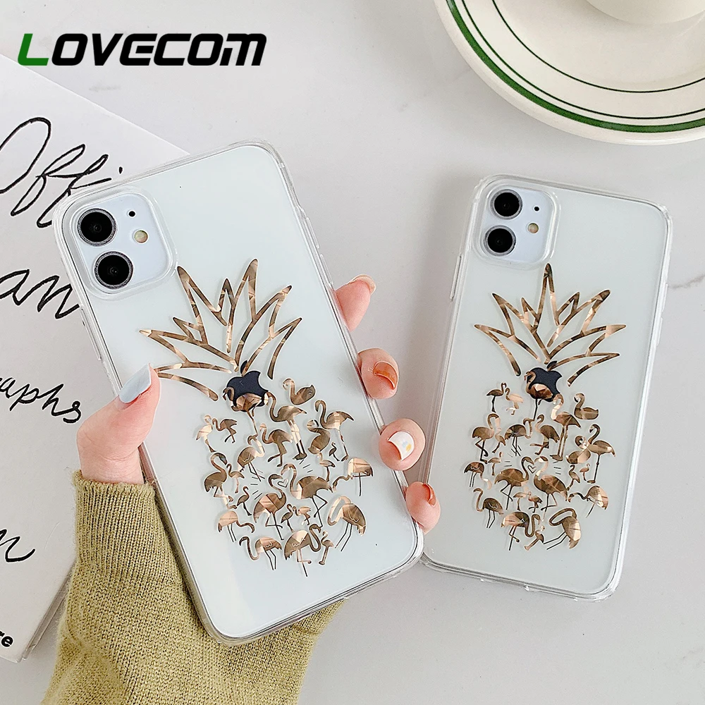 Прозрачный чехол с кольцом подставкой и золотым ананасом для iPhone 12 11 Pro Max Mini XR X XS 7