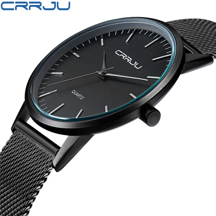 steel black CRRJU кварцевые часы мужские часы мужские сетчатый ремешок из нержавеющей стали ультра тонкие модные часы Мужские лучший бренд класса люкс Relogio Masculino - Цвет: steel black